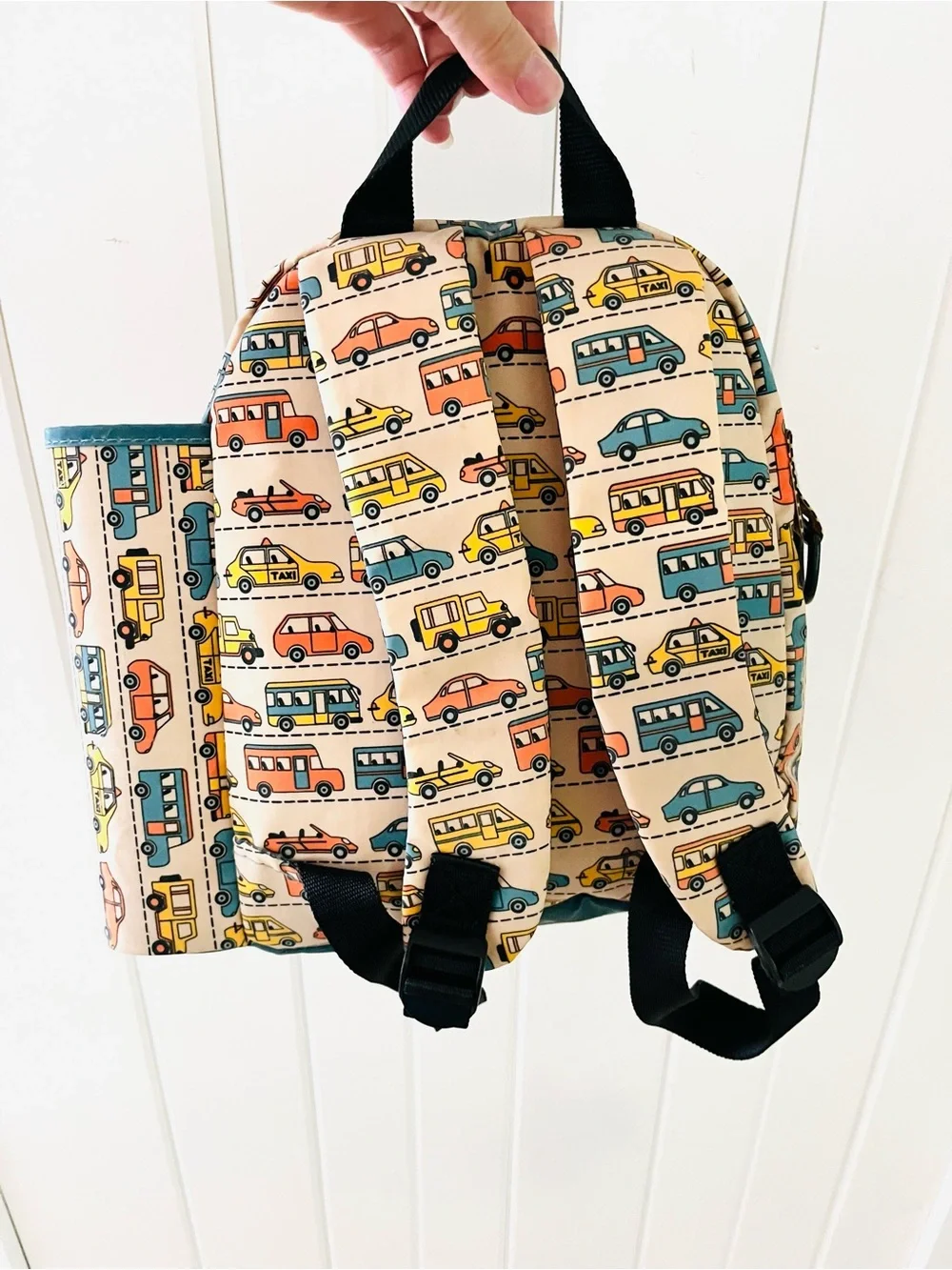 Urban Packie Beige Kids Backpack with Teal, Yellow & Coral Car Print